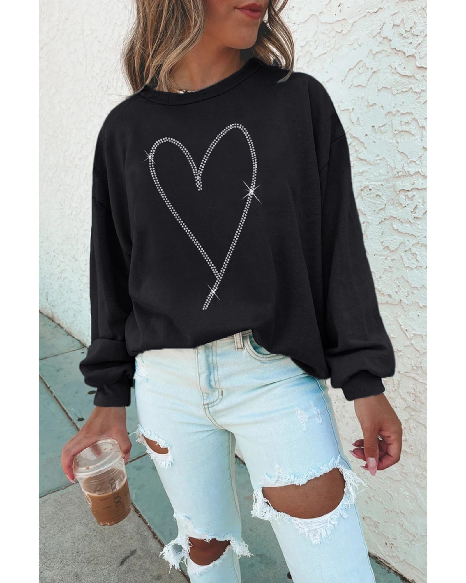 Black Rhinestone Heart Pattern Valentines Fashion Sweatshirt