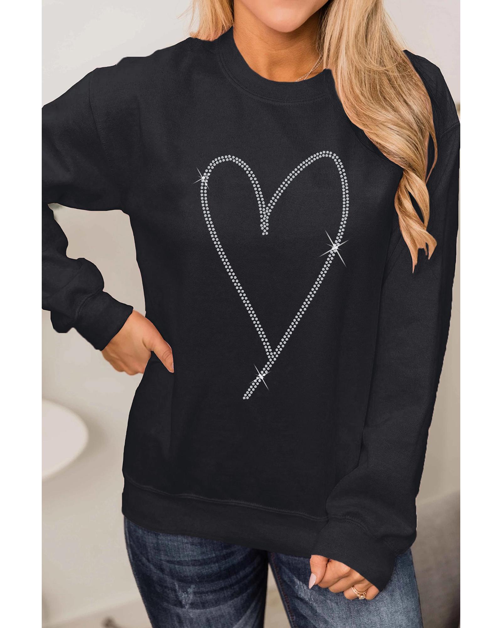 Black Rhinestone Heart Pattern Valentines Fashion Sweatshirt - Image 2