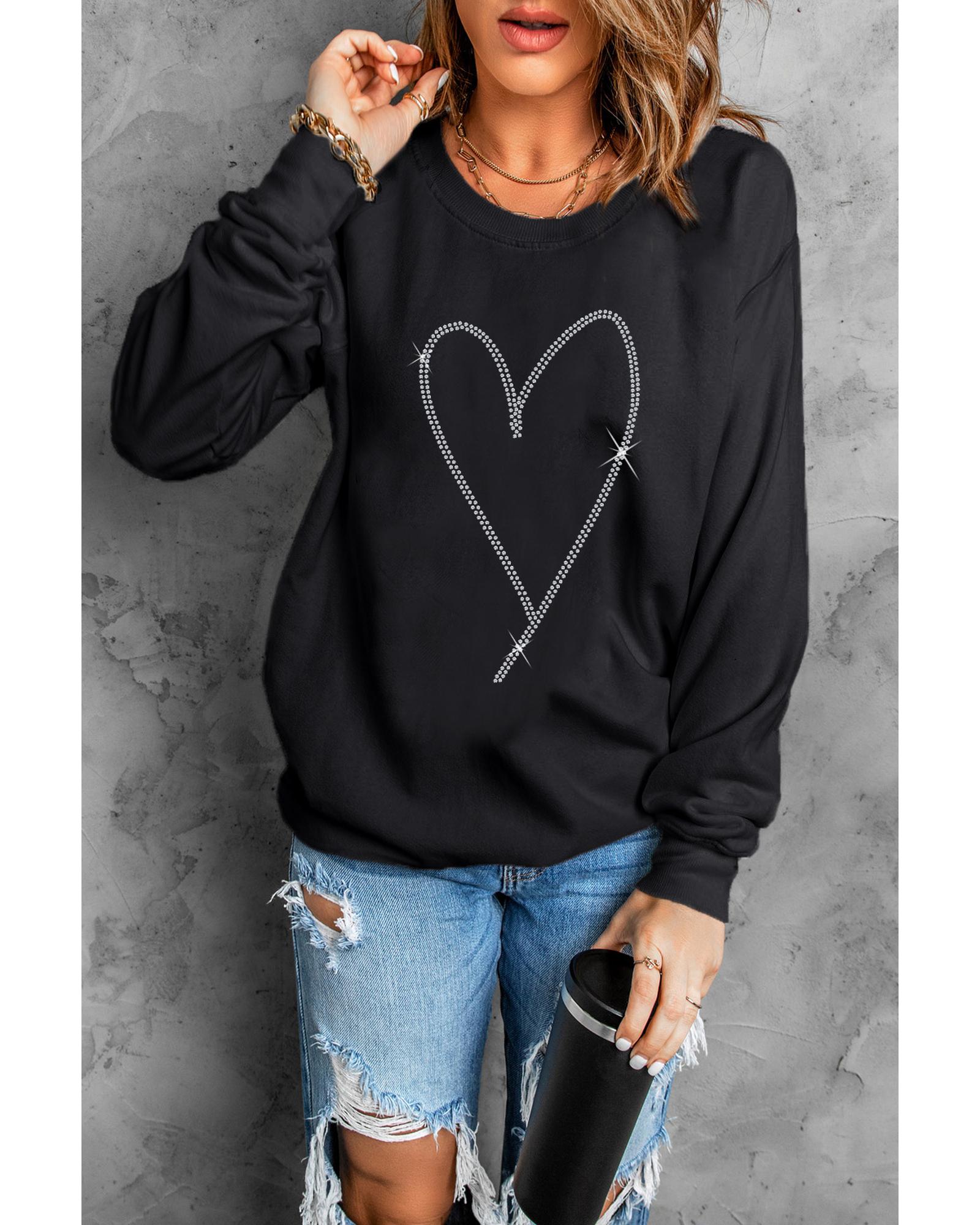 Black Rhinestone Heart Pattern Valentines Fashion Sweatshirt - Image 5