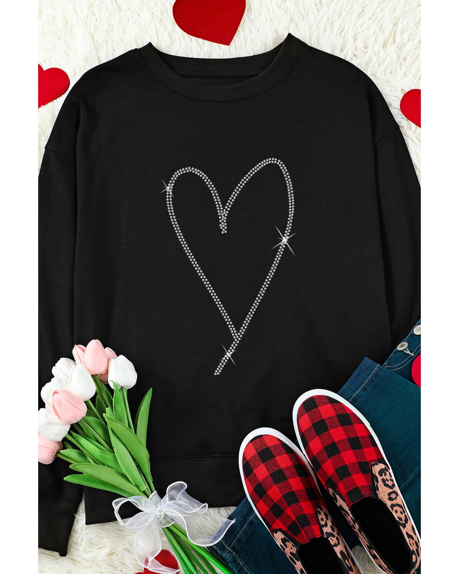 Black Rhinestone Heart Pattern Valentines Fashion Sweatshirt - Image 6