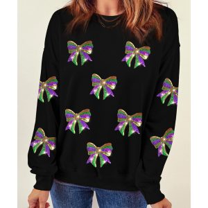 Black Sequin Mardi Gras Bow Graphic Drop Shoulder Pullover Sweatshirt