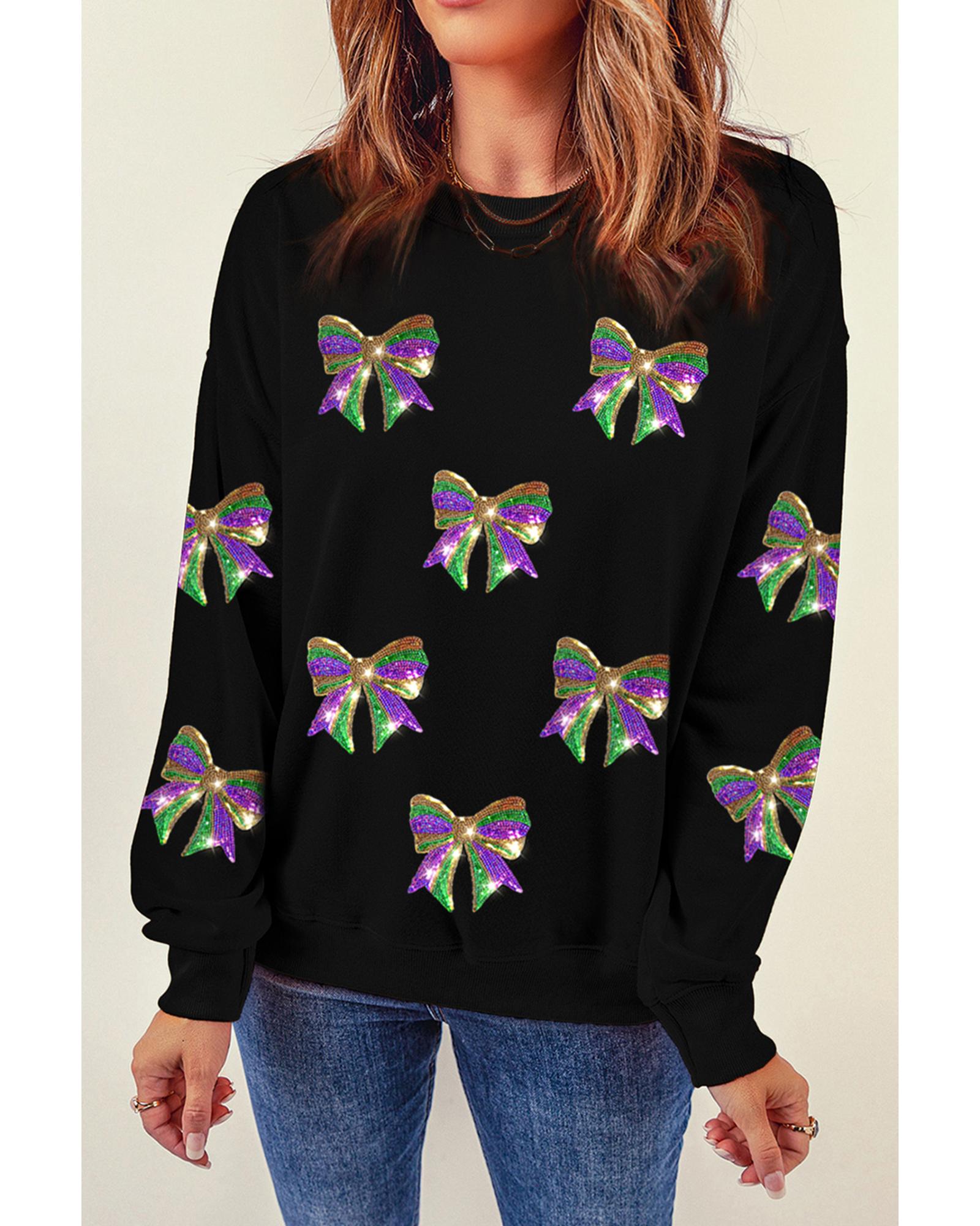Black Sequin Mardi Gras Bow Graphic Drop Shoulder Pullover Sweatshirt