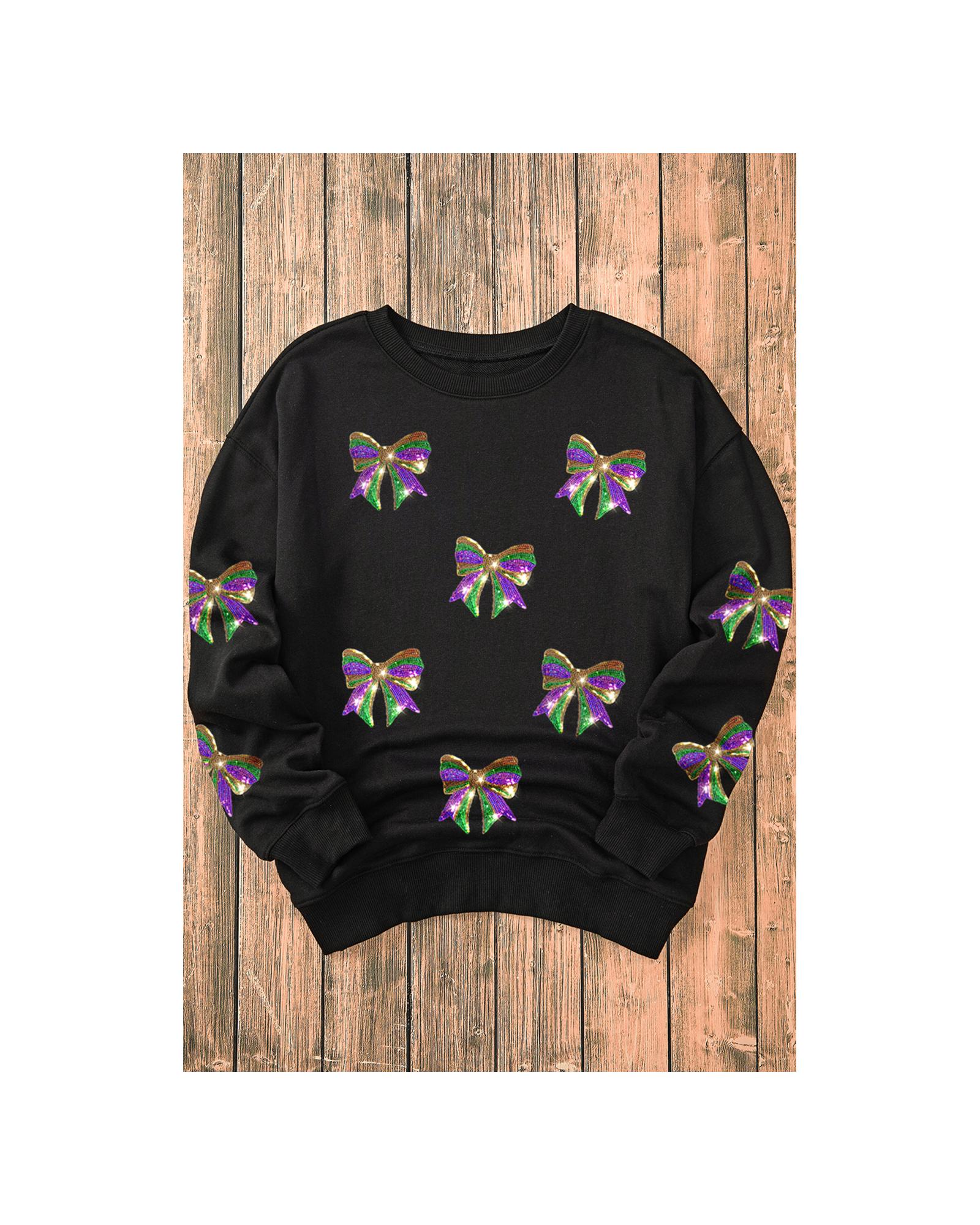 Black Sequin Mardi Gras Bow Graphic Drop Shoulder Pullover Sweatshirt - Image 2