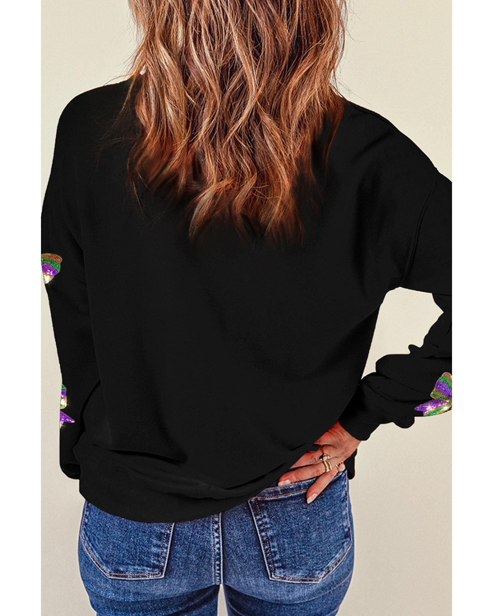 Black Sequin Mardi Gras Bow Graphic Drop Shoulder Pullover Sweatshirt - Image 3