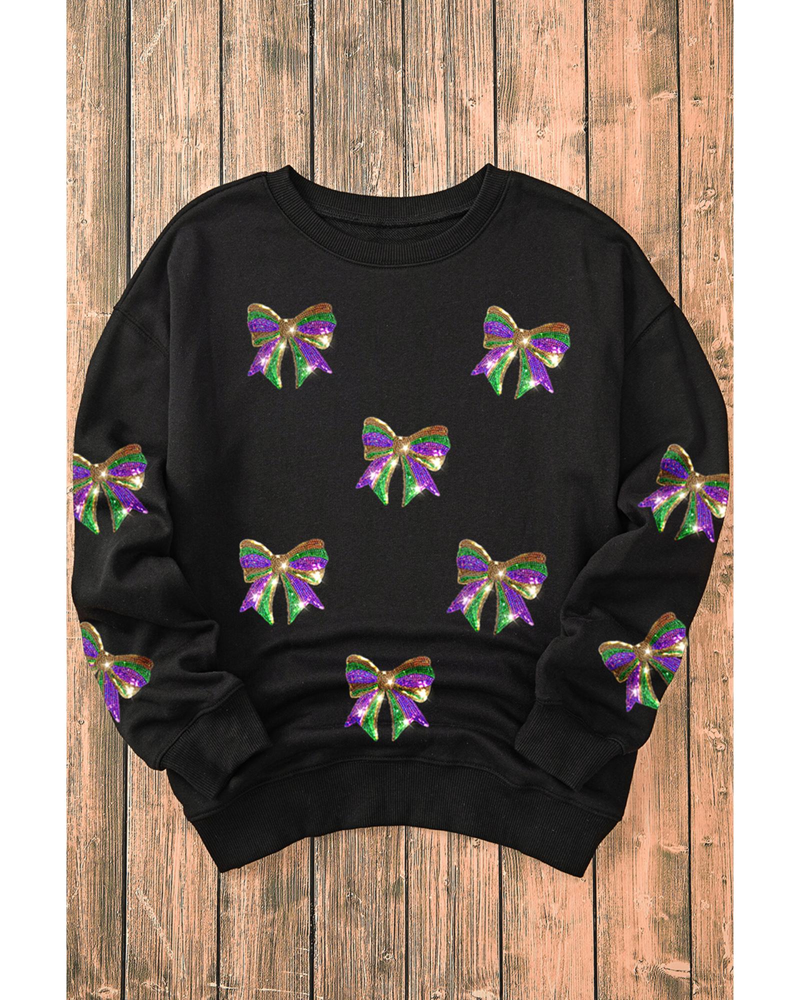 Black Sequin Mardi Gras Bow Graphic Drop Shoulder Pullover Sweatshirt - Image 4