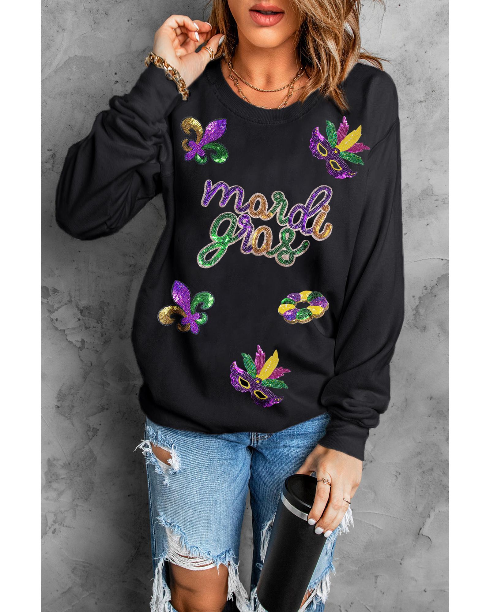 Black Sequin mardi gras Fleur de Lis Graphic Pullover Sweatshirt - Image 2