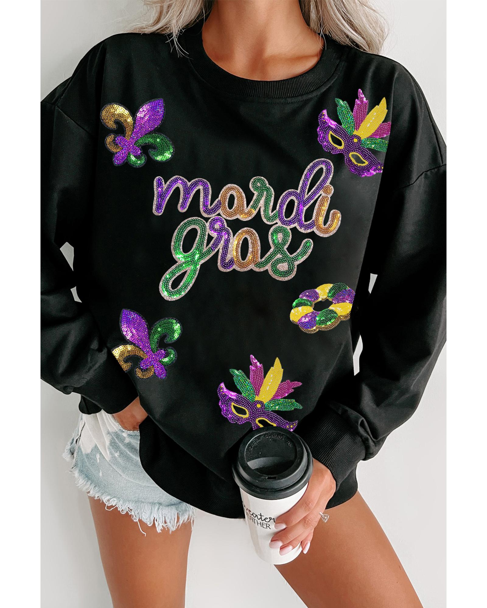 Black Sequin mardi gras Fleur de Lis Graphic Pullover Sweatshirt - Image 3