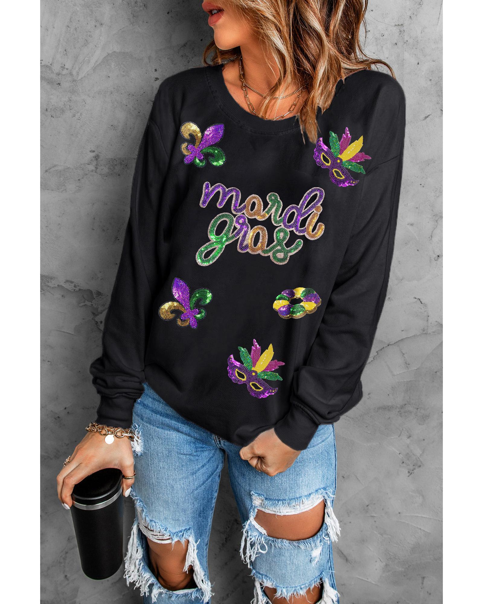 Black Sequin mardi gras Fleur de Lis Graphic Pullover Sweatshirt - Image 4