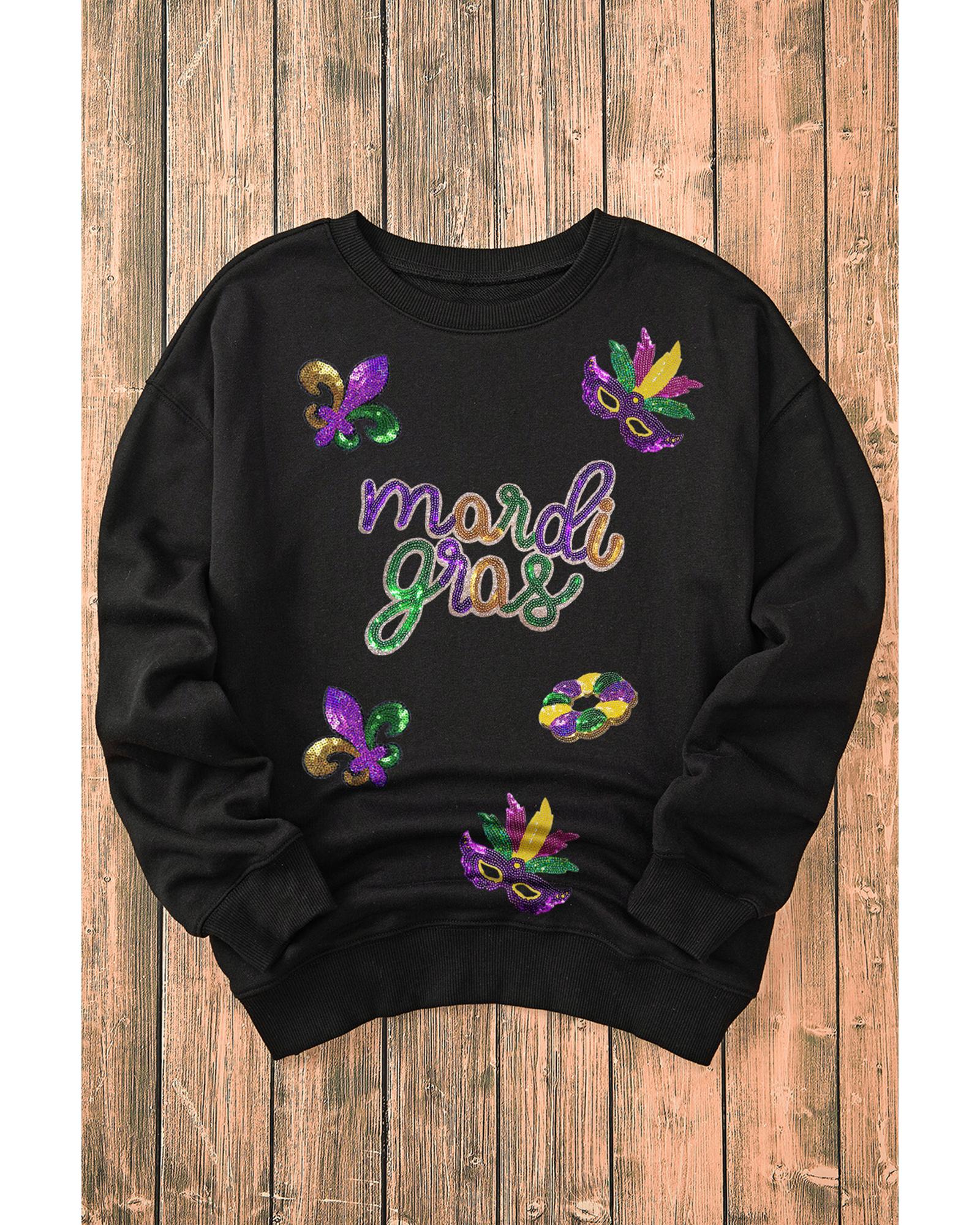 Black Sequin mardi gras Fleur de Lis Graphic Pullover Sweatshirt - Image 5