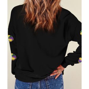 Black Sequined Donuts of Mardi Gras Colors Drop Shoulder Sweatshirt