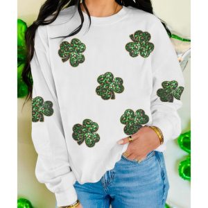 White Sequin Clover Patched Pattern St Patrick Pullover Sweatshirt