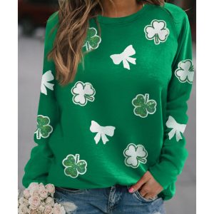 Green Sequin Bow Clover Graphic Pullover Sweatshirt