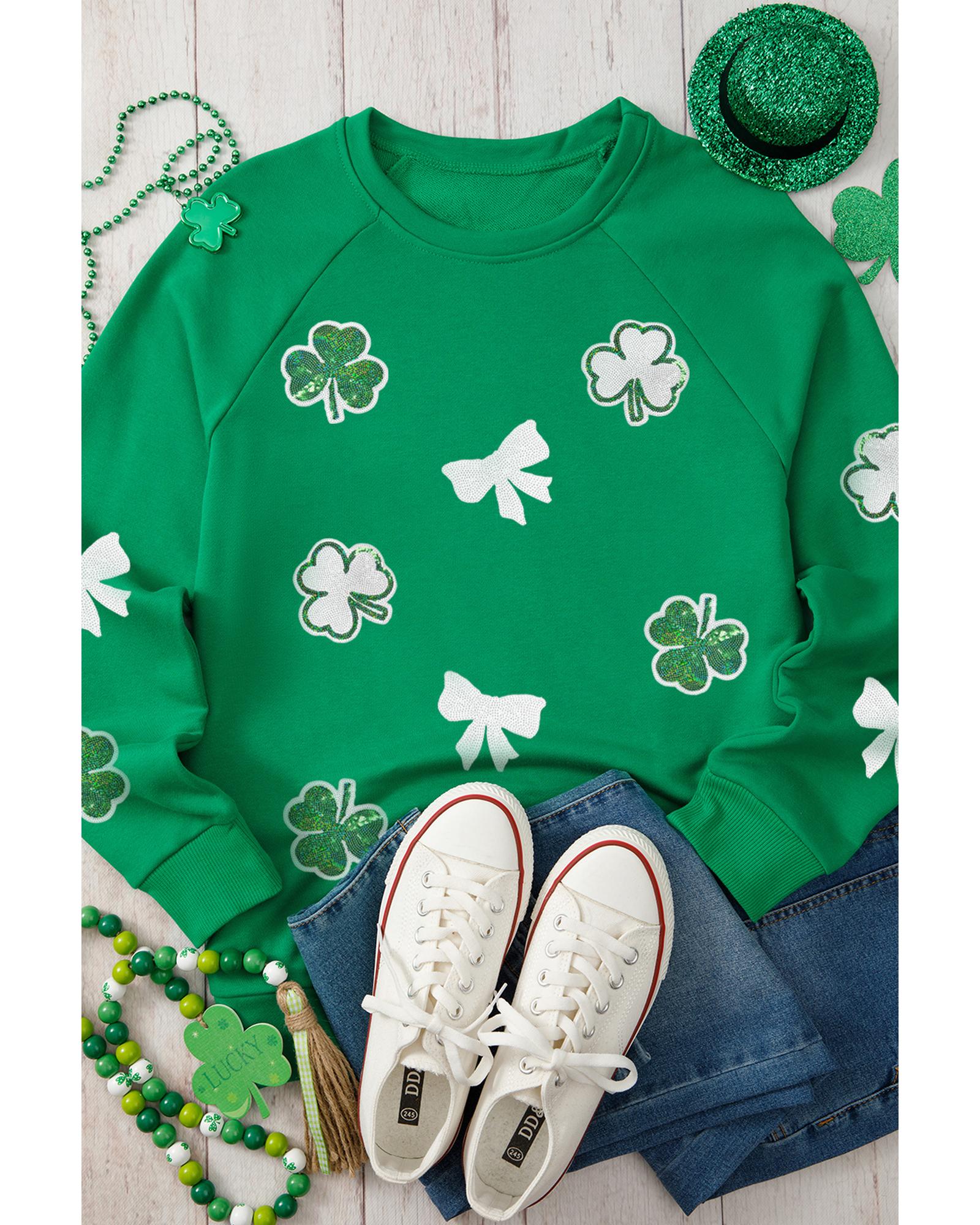 Green Sequin Bow Clover Graphic Pullover Sweatshirt - Image 2