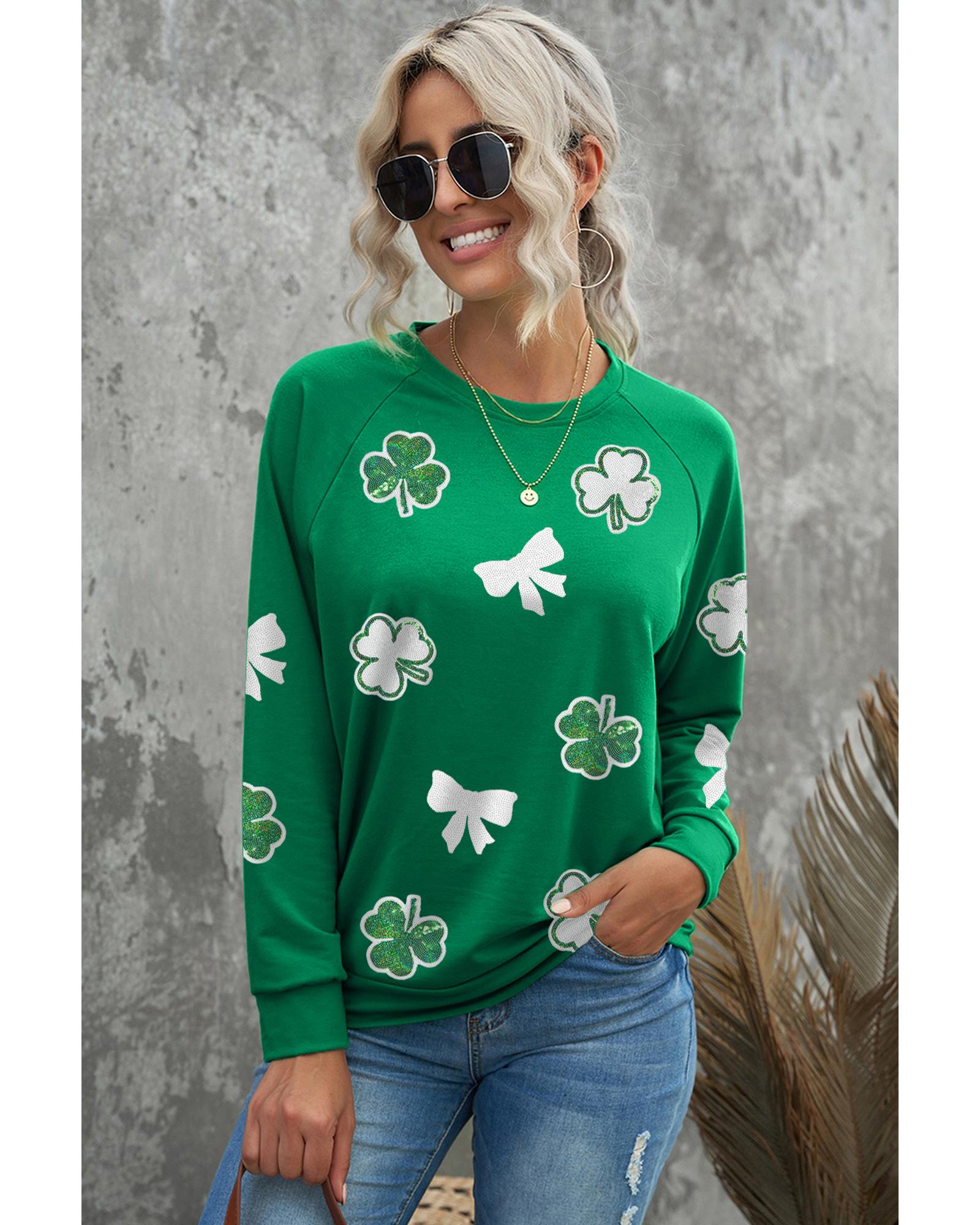 Green Sequin Bow Clover Graphic Pullover Sweatshirt - Image 3