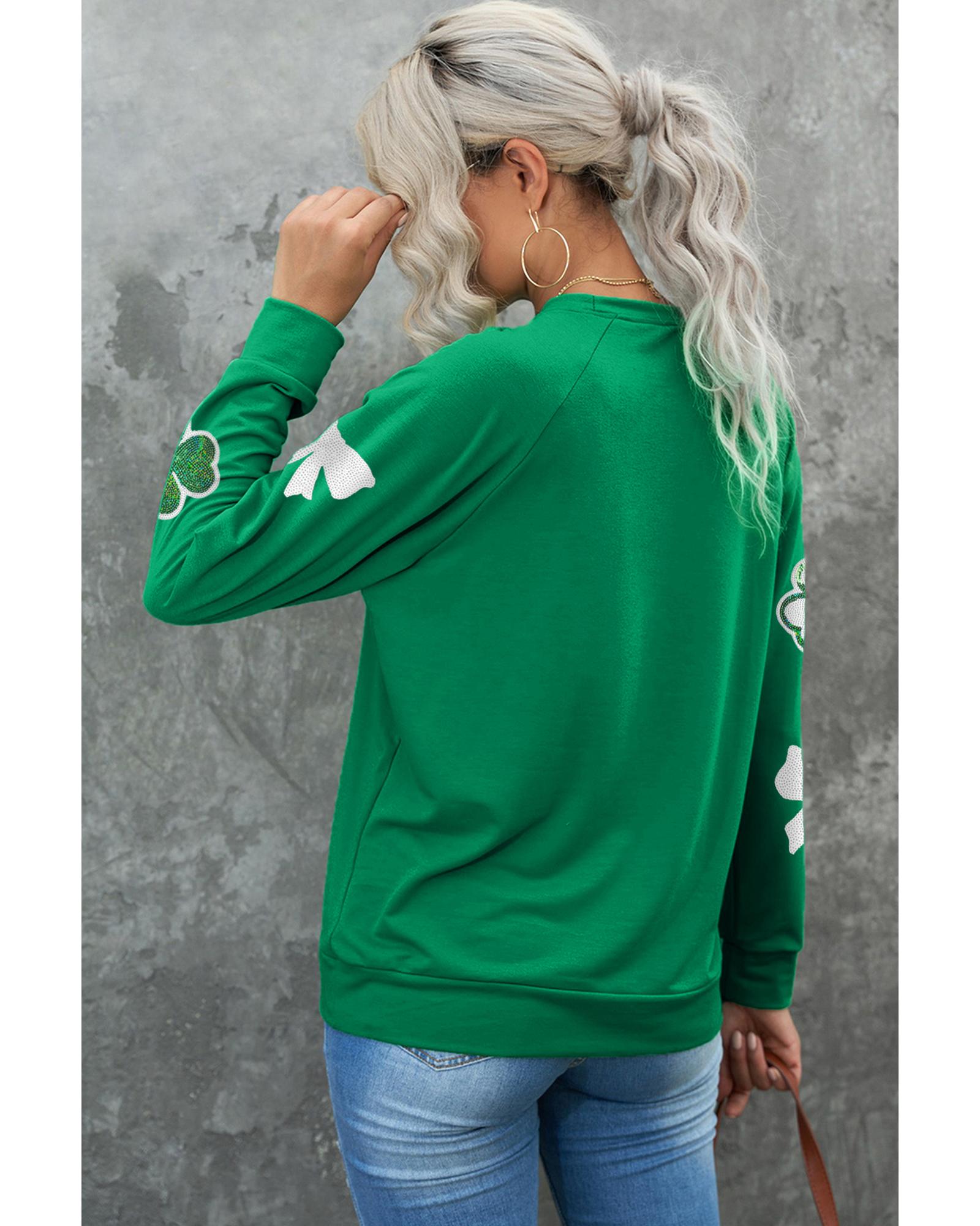 Green Sequin Bow Clover Graphic Pullover Sweatshirt - Image 4