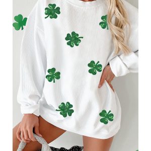 White Sequin Clover Patched Drop Shoulder Corded Sweatshirt