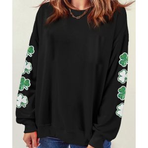 Black Sequin Clover Patched Drop Shoulder Sweatshirt
