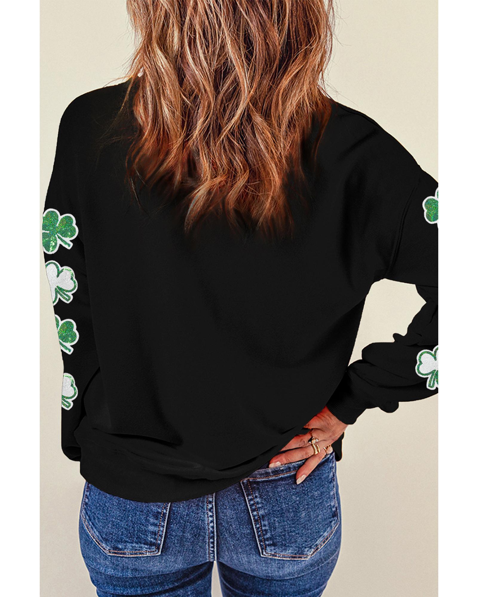 Black Sequin Clover Patched Drop Shoulder Sweatshirt - Image 2