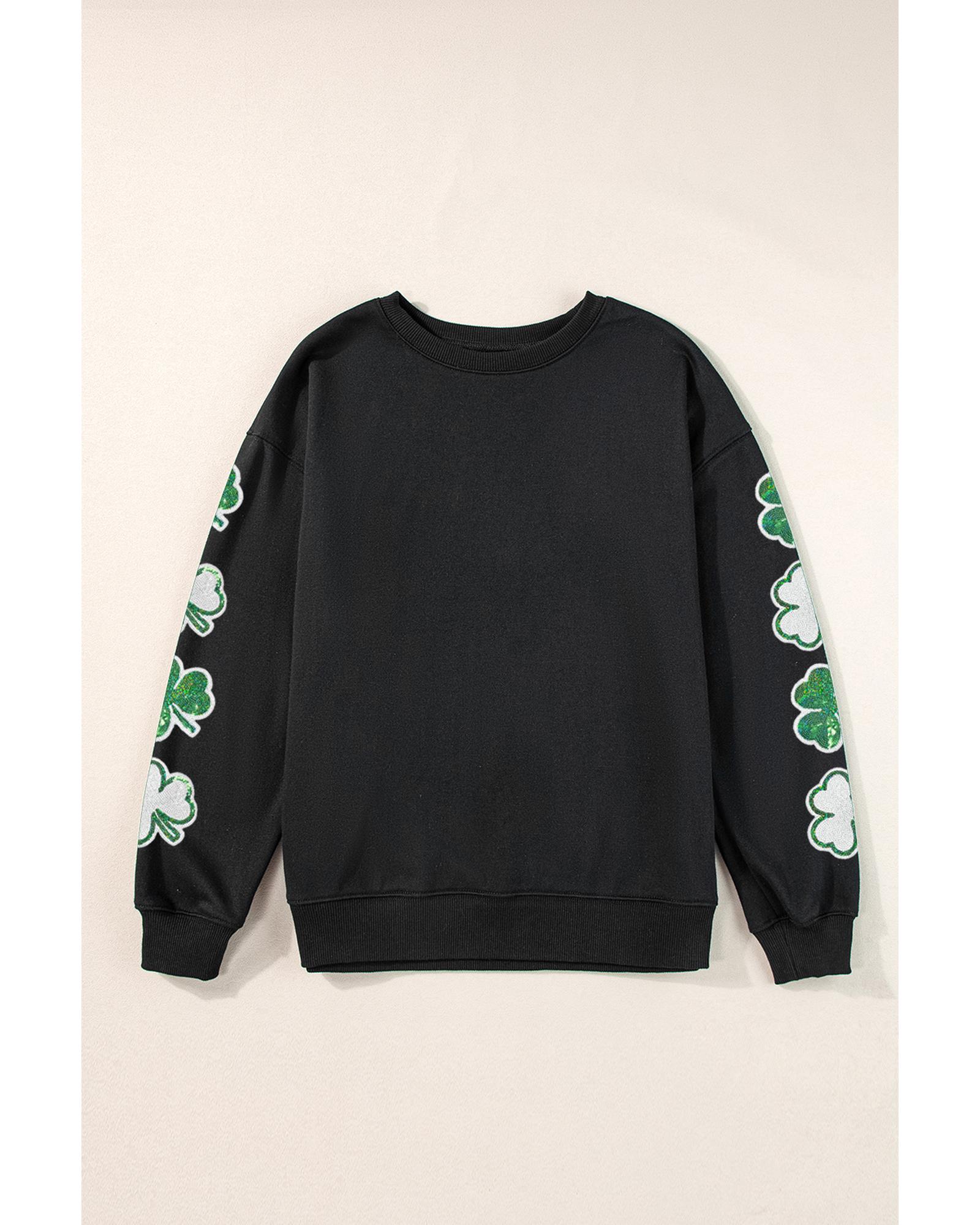 Black Sequin Clover Patched Drop Shoulder Sweatshirt - Image 4