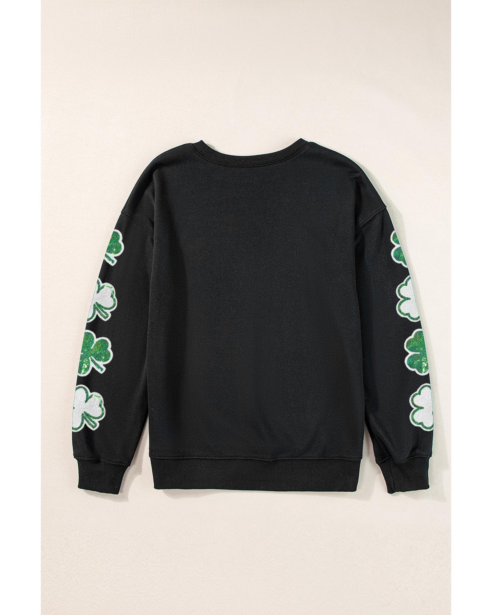 Black Sequin Clover Patched Drop Shoulder Sweatshirt - Image 5