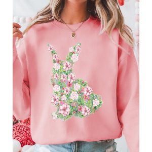 Pink Floral Bunny Printed Crewneck Easter Fashion Sweatshirt