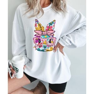 White Floral Rabbit with Glasses Graphic Corded Easter Sweatshirt