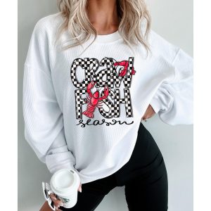 White Crawfish Season Checkered Letter Graphic Corded Sweatshirt