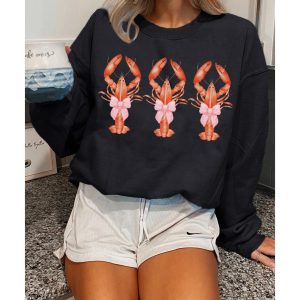 Black Cute Bow Crawfish Printed Drop Shoulder Sweatshirt