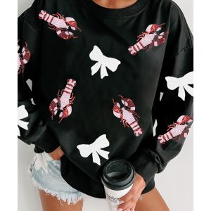 Black Crawfish Bow Sequin Patched Graphic Sweatshirt
