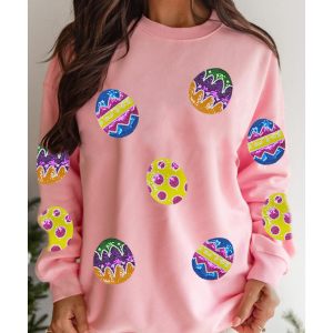 Pink Easter Egg Patched Graphic Drop Shoulder Pullover Sweatshirt
