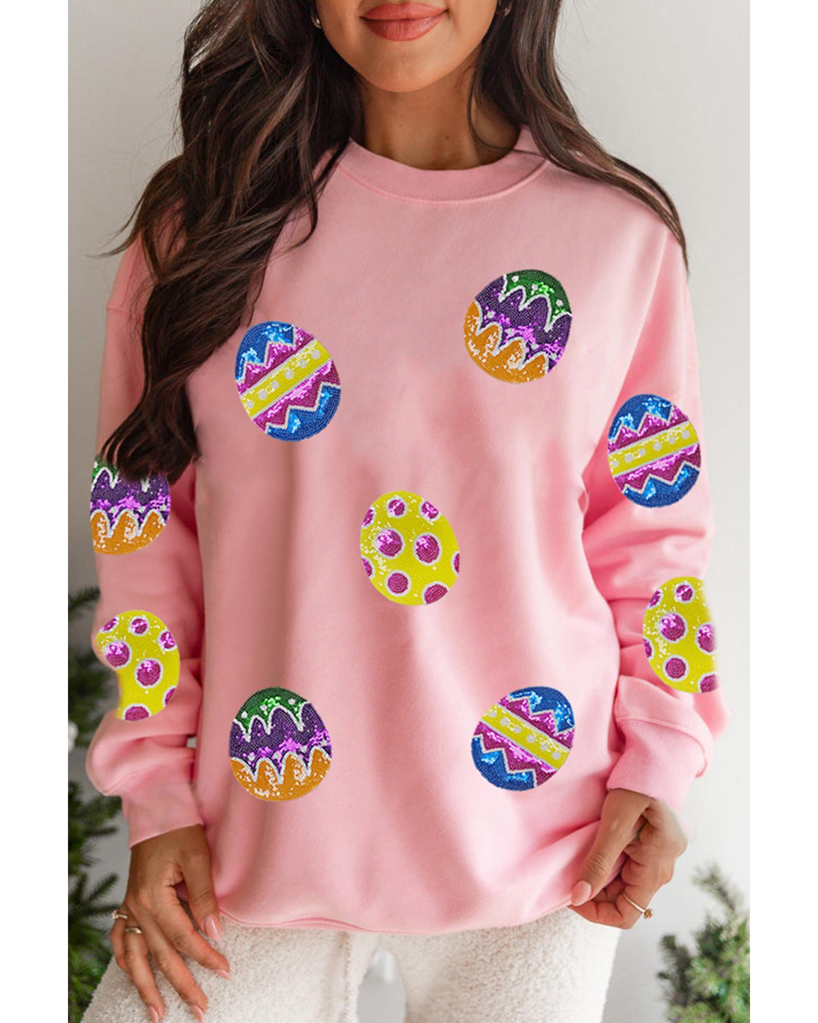 Pink Easter Egg Patched Graphic Drop Shoulder Pullover Sweatshirt