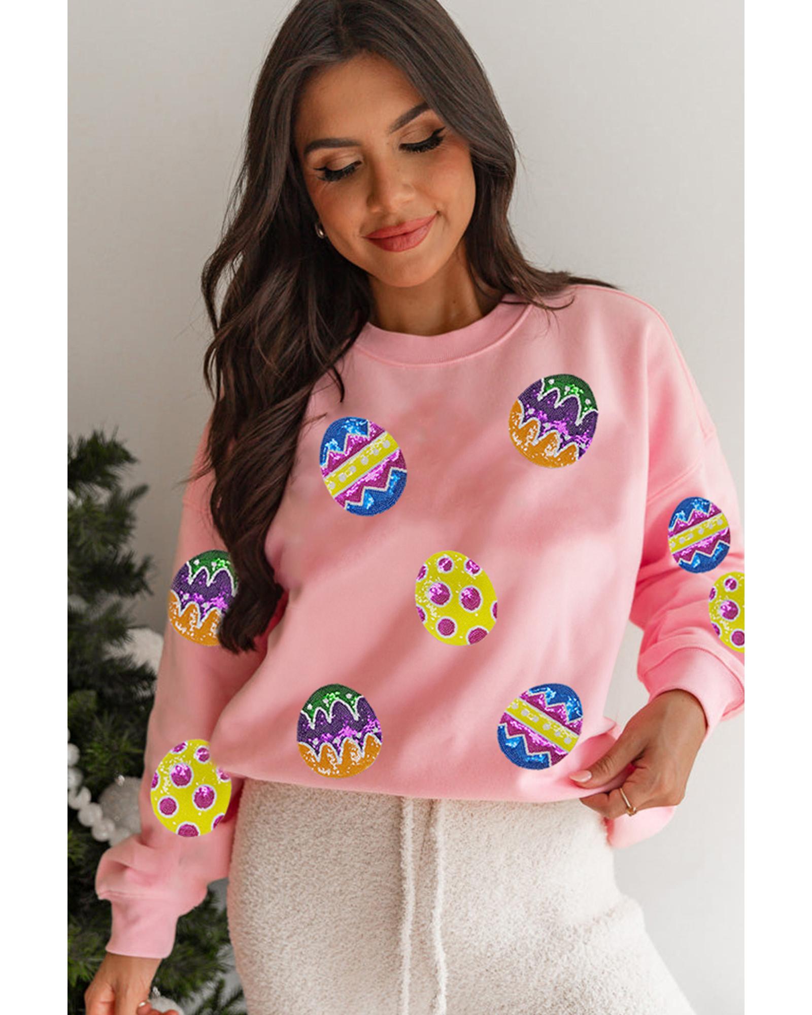 Pink Easter Egg Patched Graphic Drop Shoulder Pullover Sweatshirt - Image 2