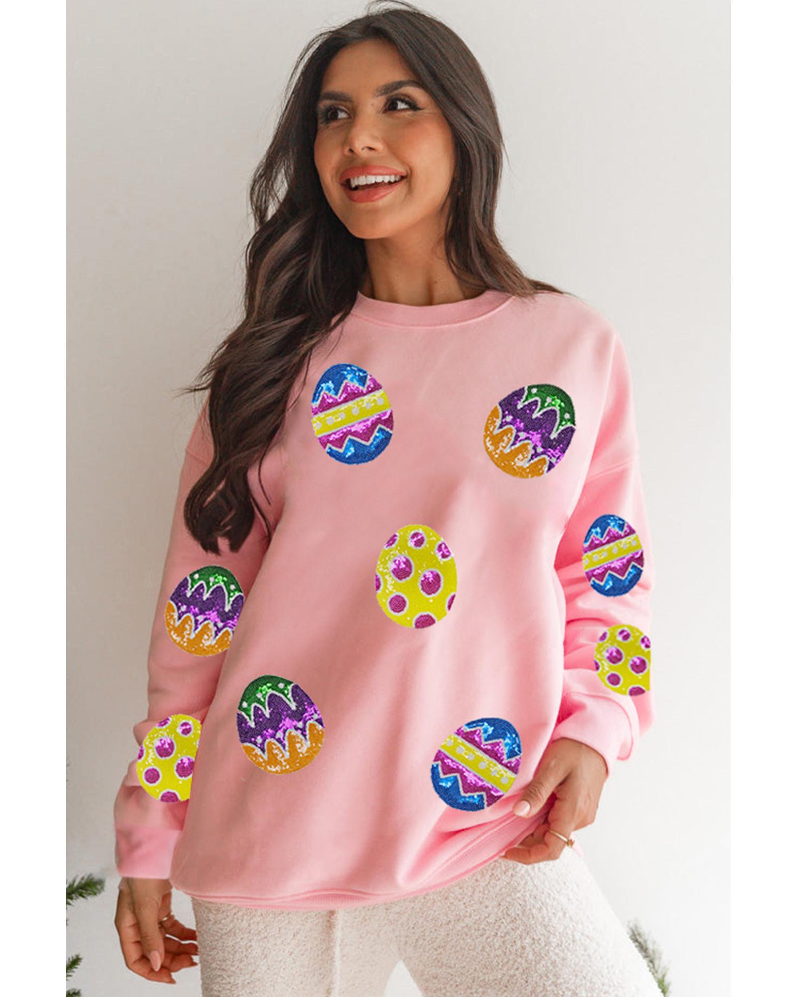 Pink Easter Egg Patched Graphic Drop Shoulder Pullover Sweatshirt - Image 3