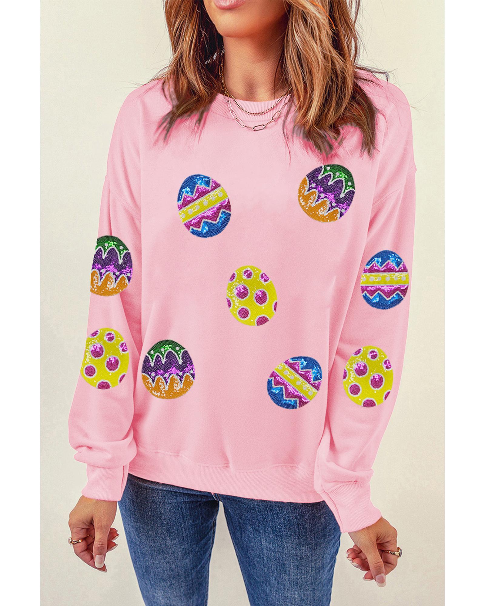 Pink Easter Egg Patched Graphic Drop Shoulder Pullover Sweatshirt - Image 4