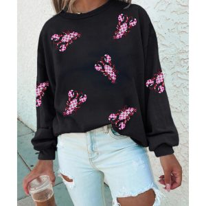 Black Sequined Crawfish Graphic Drop Shoulder Sweatshirt