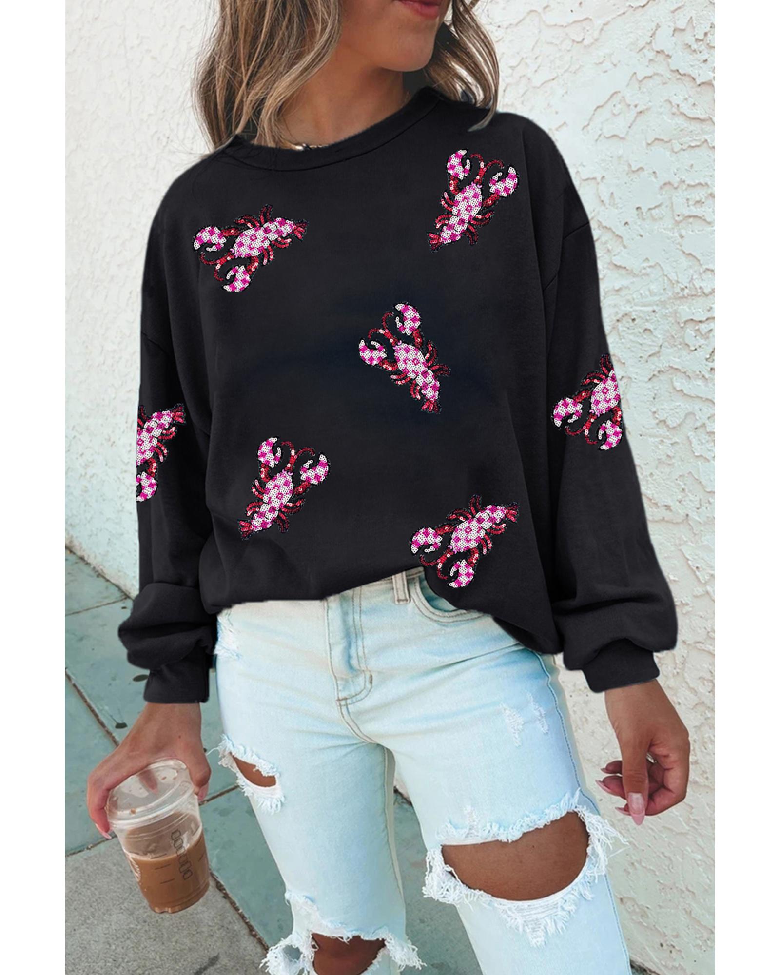Black Sequined Crawfish Graphic Drop Shoulder Sweatshirt