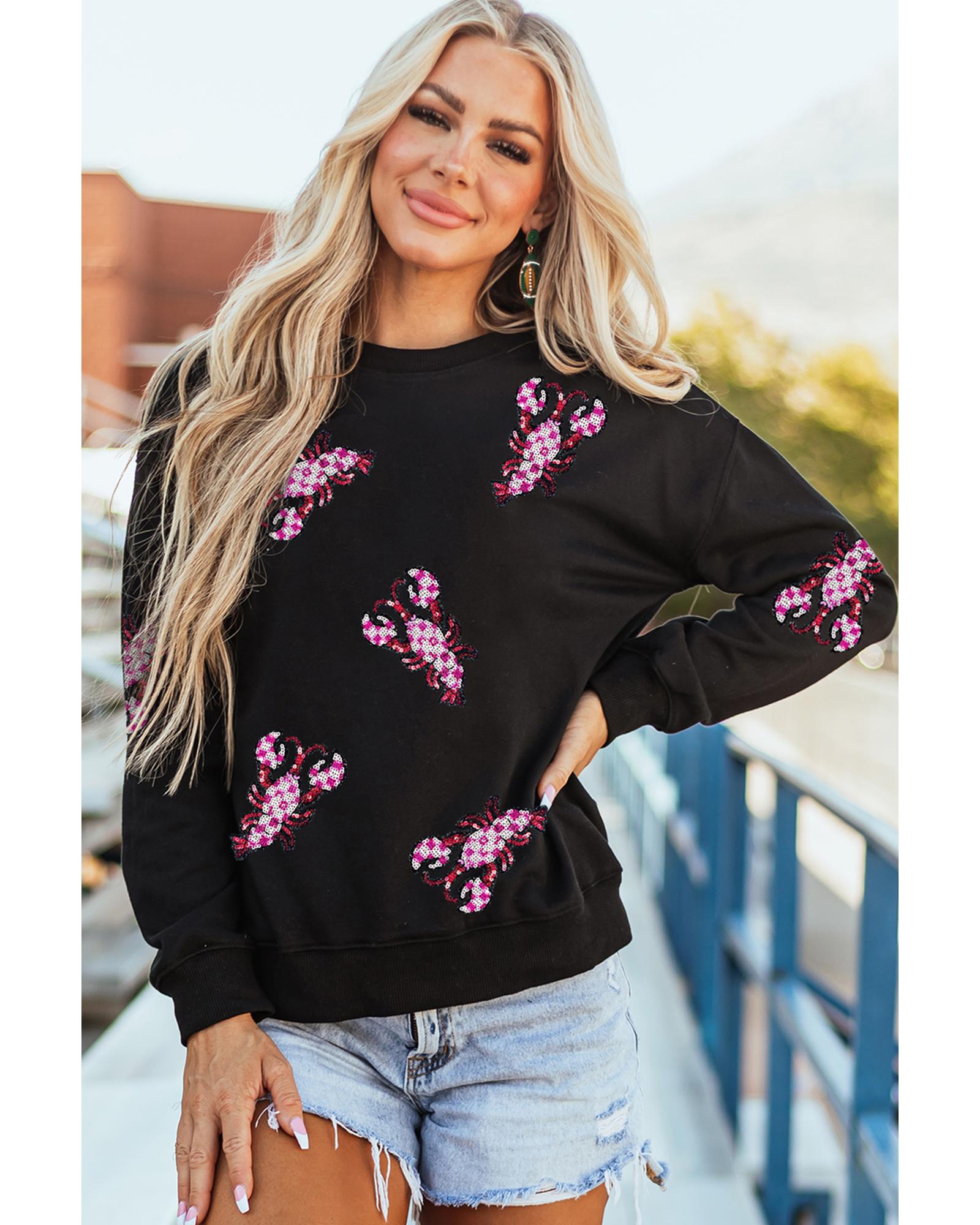 Black Sequined Crawfish Graphic Drop Shoulder Sweatshirt - Image 2