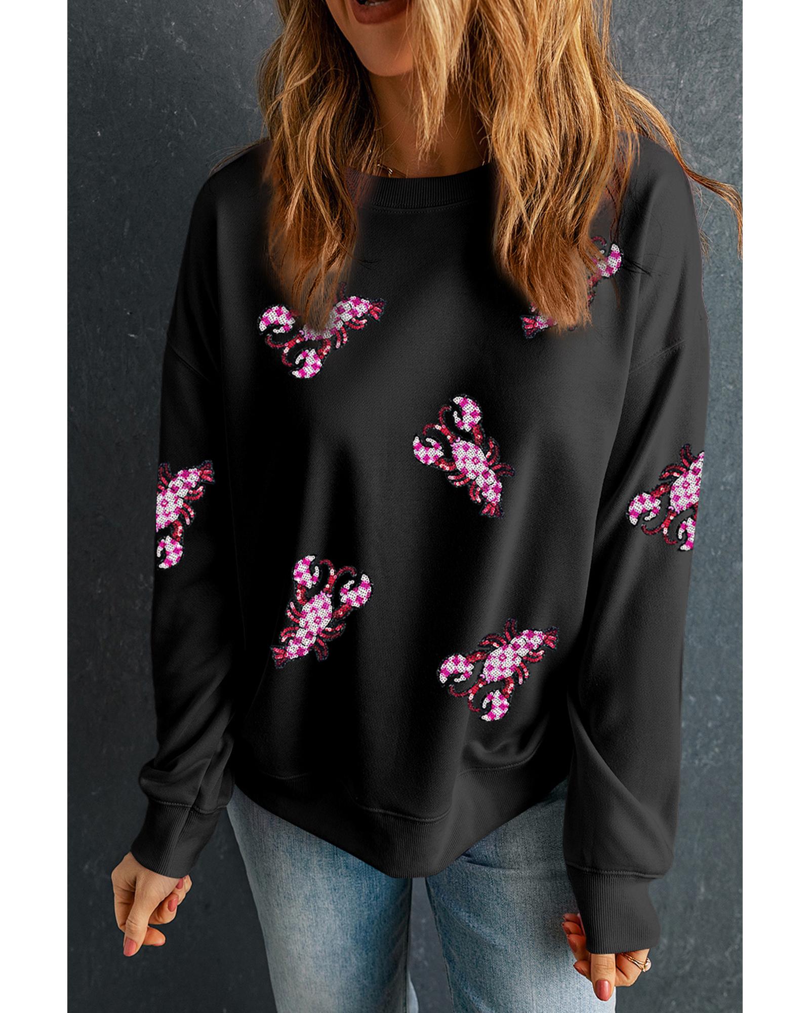 Black Sequined Crawfish Graphic Drop Shoulder Sweatshirt - Image 3