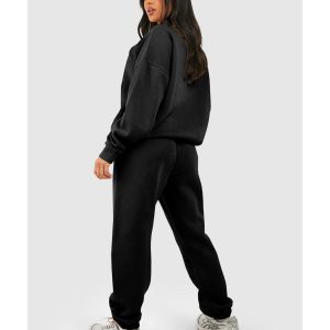 Black Plain Half Zip V Neck Ribbed Edge Loose Tracksuit