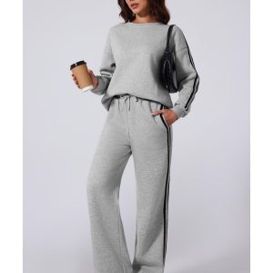 Light Grey Solid Color Side Striped Sweatshirt Active Set