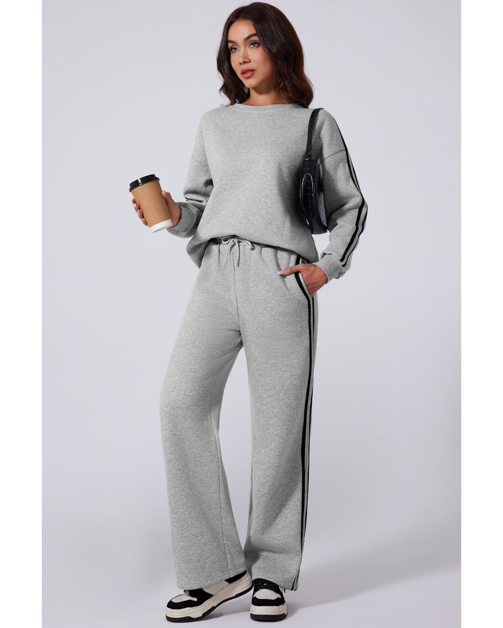 Light Grey Solid Color Side Striped Sweatshirt Active Set