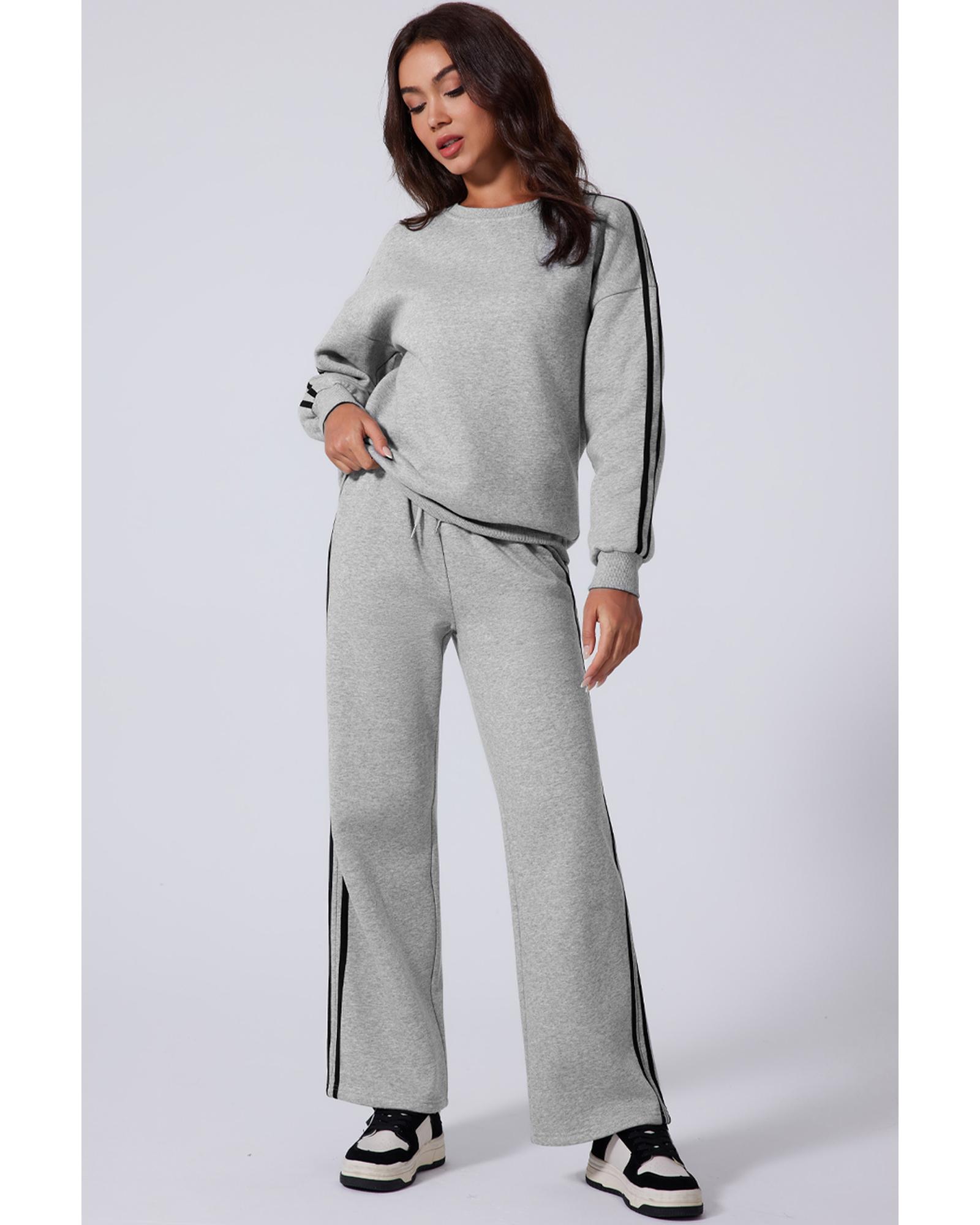 Light Grey Solid Color Side Striped Sweatshirt Active Set - Image 2