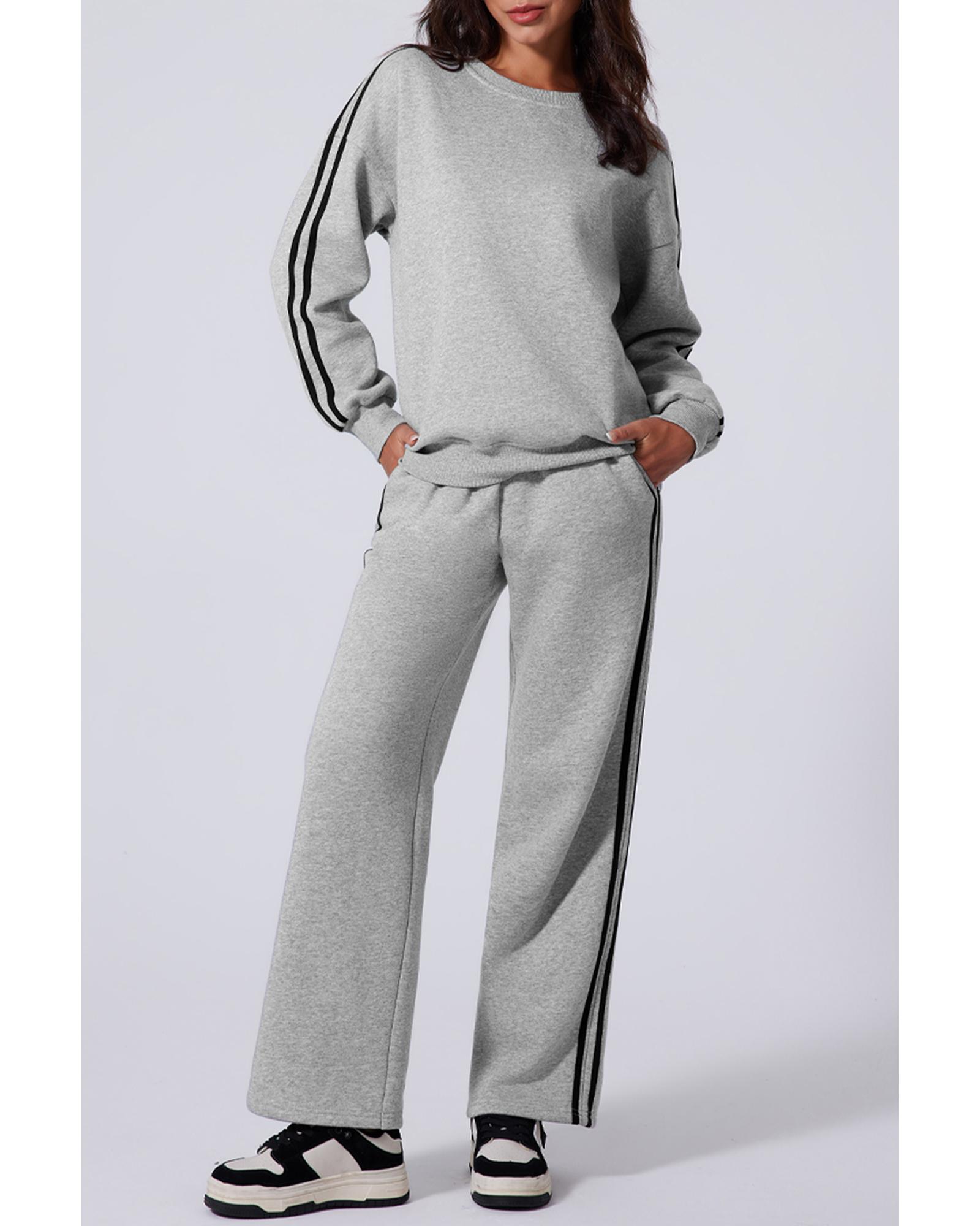 Light Grey Solid Color Side Striped Sweatshirt Active Set - Image 3