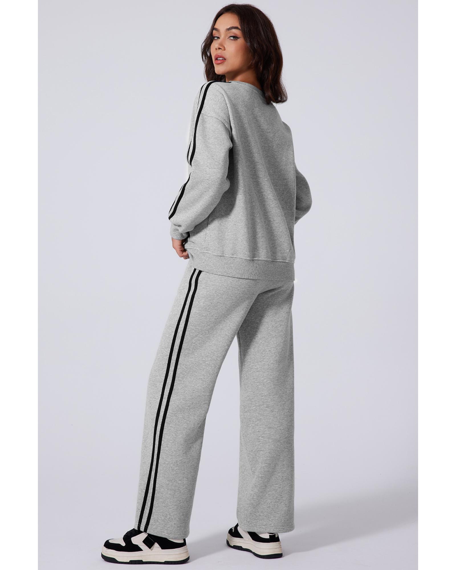 Light Grey Solid Color Side Striped Sweatshirt Active Set - Image 4