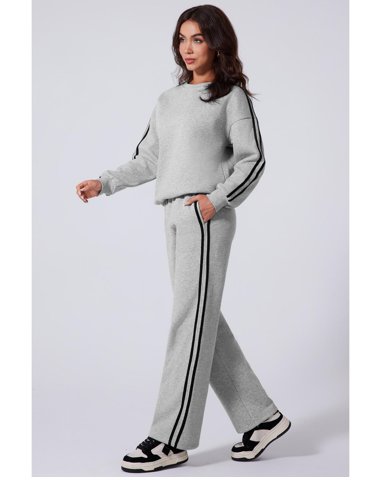 Light Grey Solid Color Side Striped Sweatshirt Active Set - Image 5