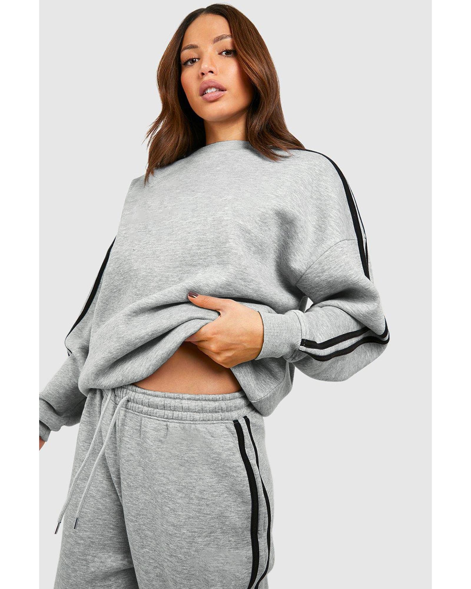 Light Grey Solid Color Side Striped Sweatshirt Active Set - Image 8