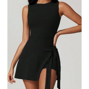 Black Sleeveless Knot Skirt Hem Sports Romper