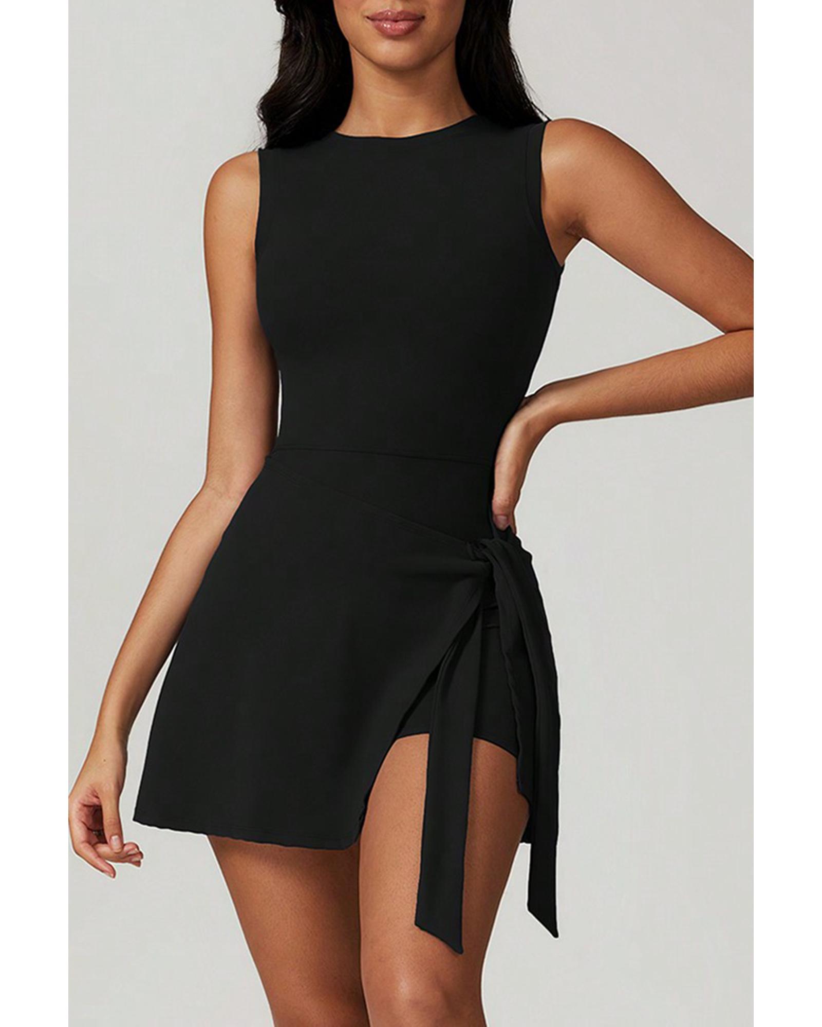 Black Sleeveless Knot Skirt Hem Sports Romper