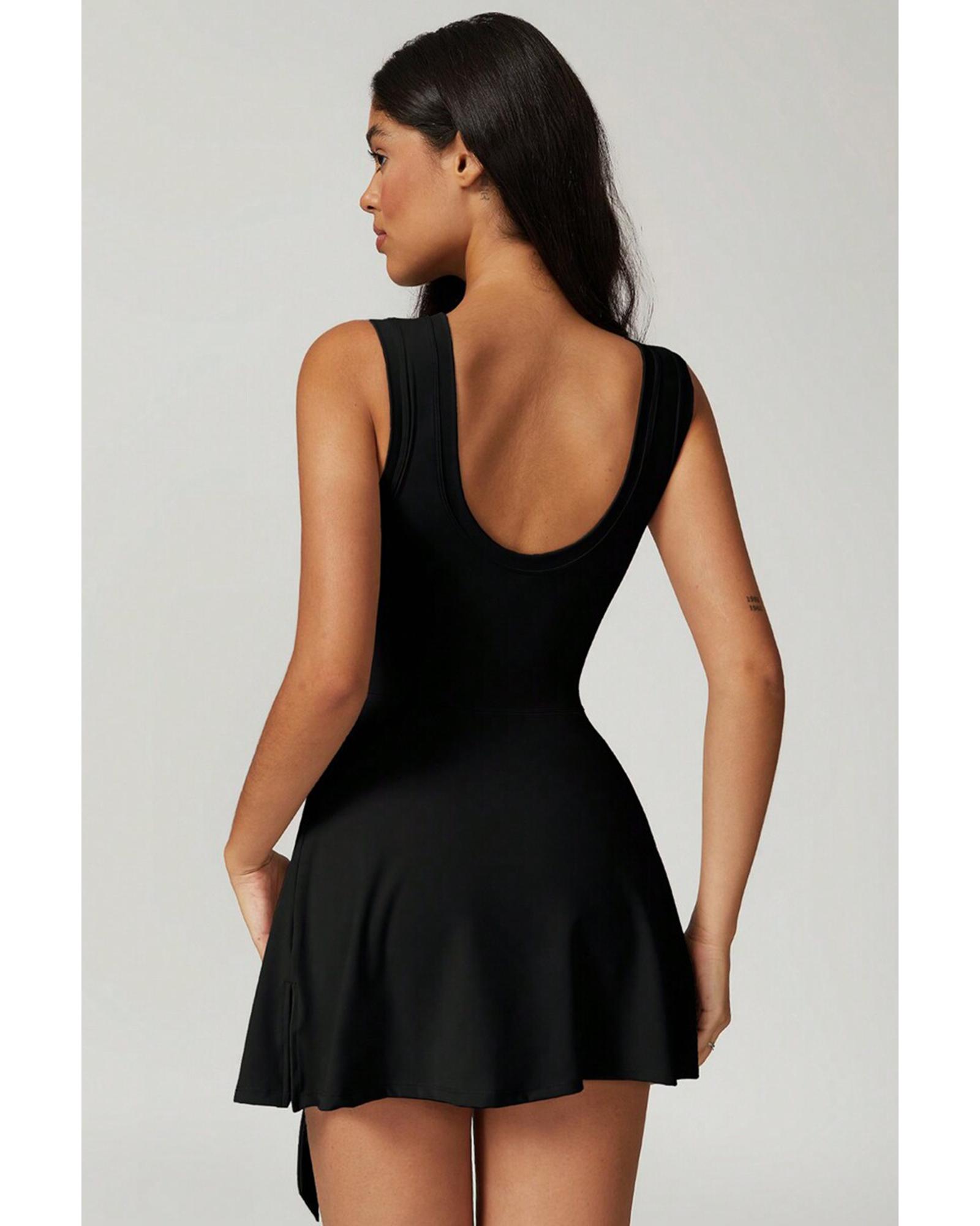 Black Sleeveless Knot Skirt Hem Sports Romper - Image 2