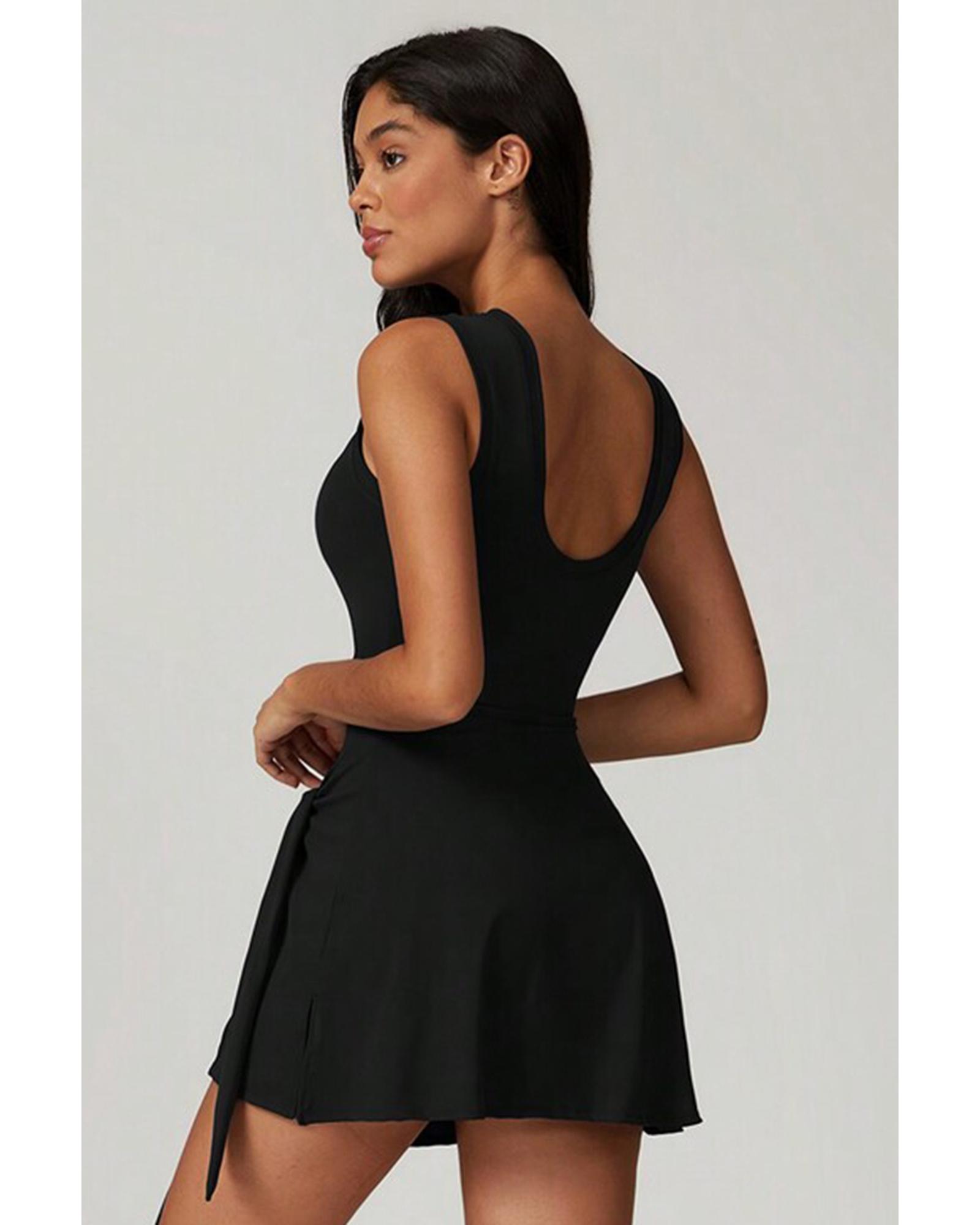 Black Sleeveless Knot Skirt Hem Sports Romper - Image 3